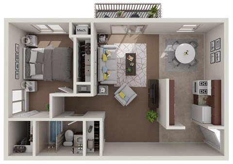 a rendering of a 1 bedroom floor plan with a bathroom and a living room